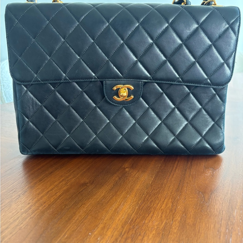 Chanel Lambskin Black Quilted Jumbo Shoulder Bag with 24K gold